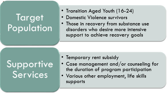 Target Population include Transition-Aged Youth and Domestic Violence Survivors, People recovering from substance use disorders and achieve recovery goals. Supportive Services include temp rent subsidy, Case management and/or counseling and employment and life skills support